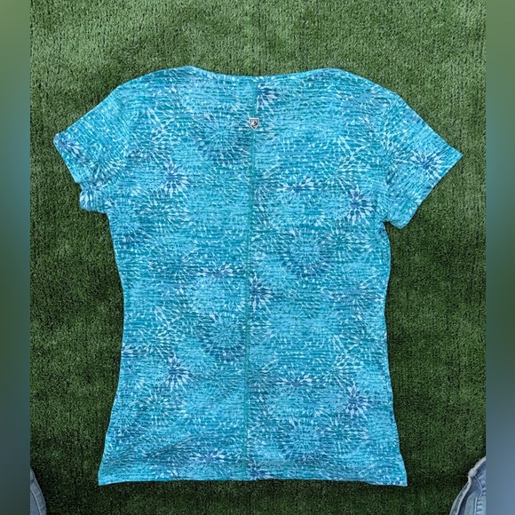 Kuhl Meridian Teal Floral Burst Front Notched Burnout Cotton Blend Top, Size S - Picture 2 of 7
